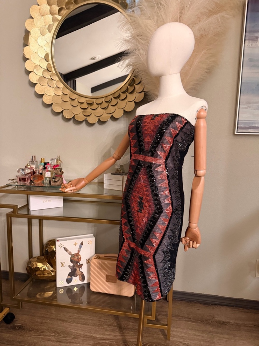 Romeo & Juliet Couture Strapless Black and Red Beaded Geometric Sheath Dress